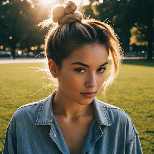 Young woman with loose top knot in urban park
