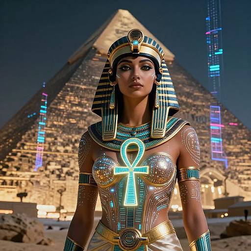 Digital art of an Egyptian woman with glowing, metallic Ankh-themed armor, striped headdress, and glowing accessories, standing before a neon-lit pyramid