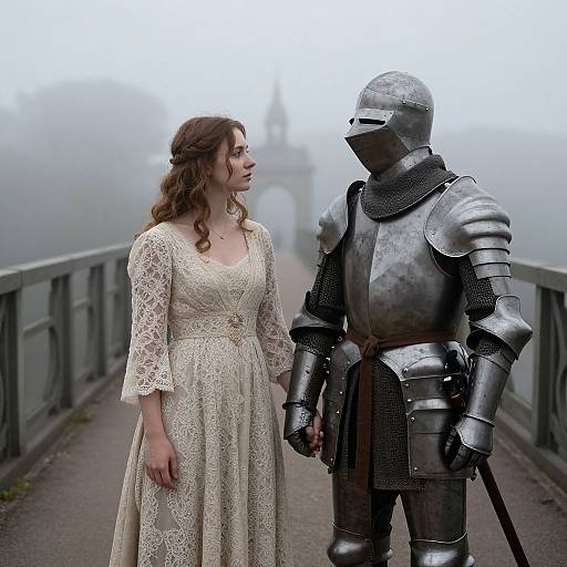 Photograph of a woman in a lace, cream-colored dress standing beside a silver-armored knight on a misty, fog-covered bridge.