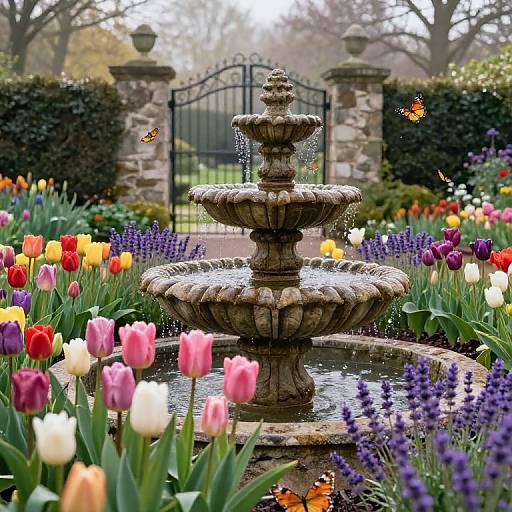 Rustic Garden Fountain with Tulips