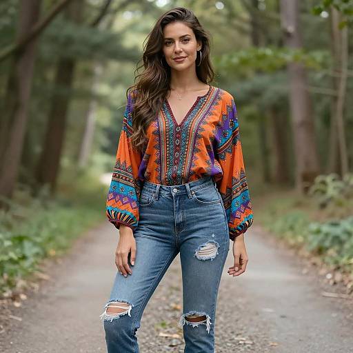 Woman in Bohemian Blouse and Ripped Jeans on Forest Path