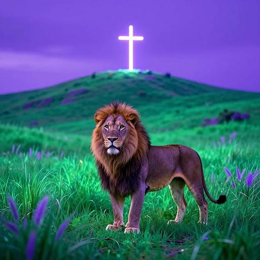 Digital artwork of a majestic lion with a dark mane standing in vibrant green grass, facing a glowing white cross on a hill under a purple sky.