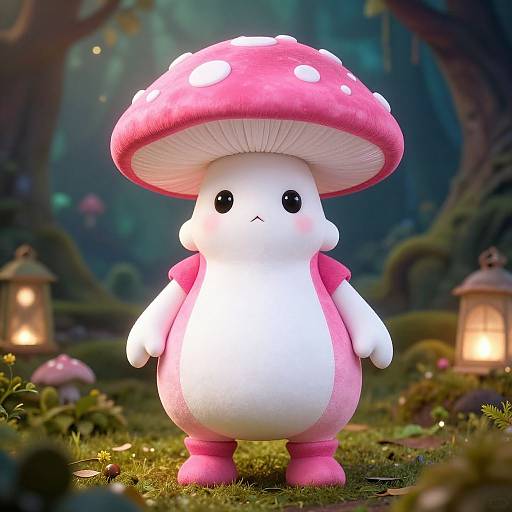 Cute, white, mushroom-like creature with pink polka-dot cap, pink sleeves, and boots, standing in a whimsical forest at night.