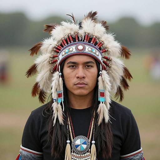 Photograph of a young Indigenous man with medium brown skin, wearing a traditional Native American headdress with white and brown feathers, black t-shirt, and