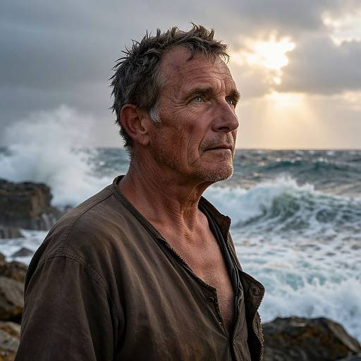Photograph of rugged, middle-aged man with weathered face and salted hair, wearing a dirty brown shirt, standing by turbulent ocean at sunset.