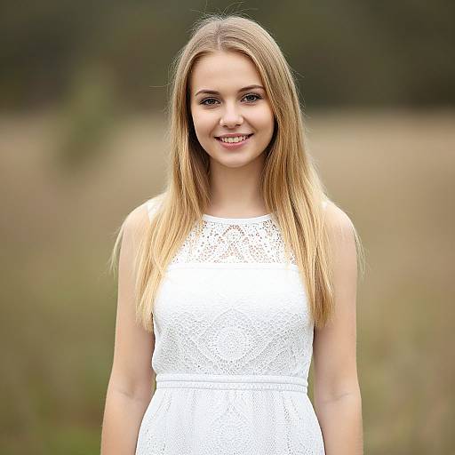 Photograph of a young Caucasian woman with long blonde hair, wearing a white lace sleeveless dress, smiling outdoors in a blurred field.