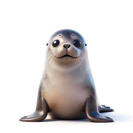 CGI image of a cute, cartoon-style seal with large, black, glossy eyes, a small black nose, and a white underbelly,