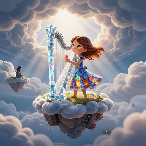 Digital artwork of a brown-haired girl playing a glowing crystal harp on a cloud island, surrounded by floating clouds and sunlight.