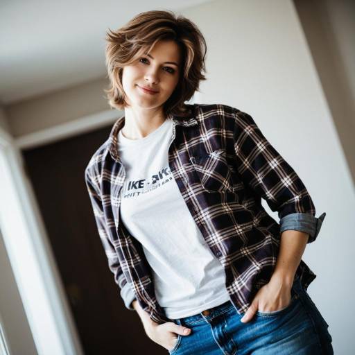 Young Woman in Casual Plaid Shirt and Jeans