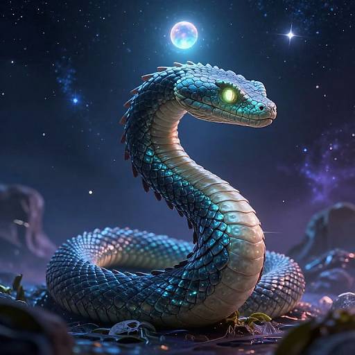 Digital art of a glowing blue, scaly, snake with green eyes under a full moon in a starry, cosmic night sky.