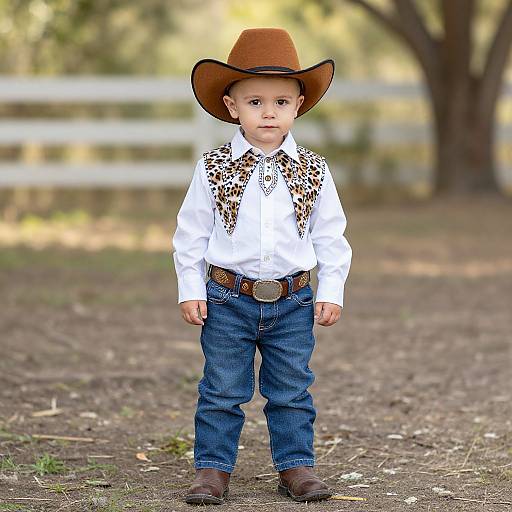 Photograph of a young boy in a brown cowboy hat, white shirt, leopard print vest, blue jeans, and brown boots, standing on a dirt
