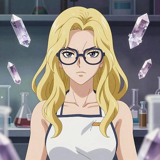 Anime-style drawing of a blonde woman with glasses, wearing a white apron, surrounded by floating crystals in a laboratory.