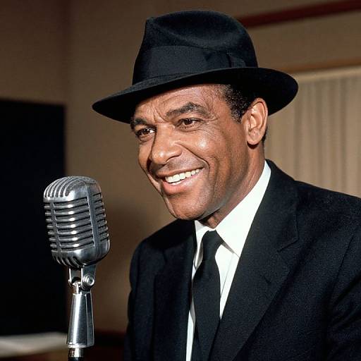 Photograph of an African-American man in a black suit, white shirt, black tie, and black fedora, smiling into a vintage silver microphone.