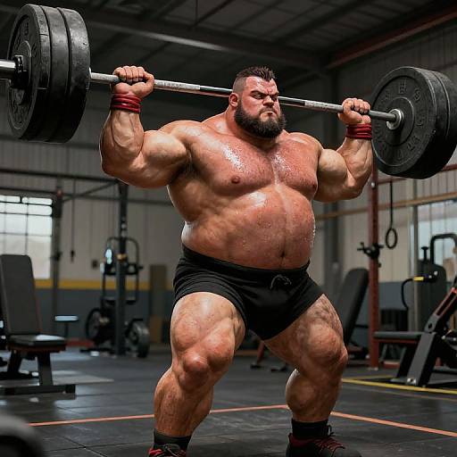 Photograph of a muscular, bearded man with a fair skin tone, doing a heavy barbell squat in a gym, wearing black shorts and red