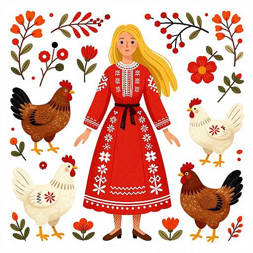Illustration of a blonde girl in a red, white-patterned dress surrounded by four chickens, red flowers, and green leaves.