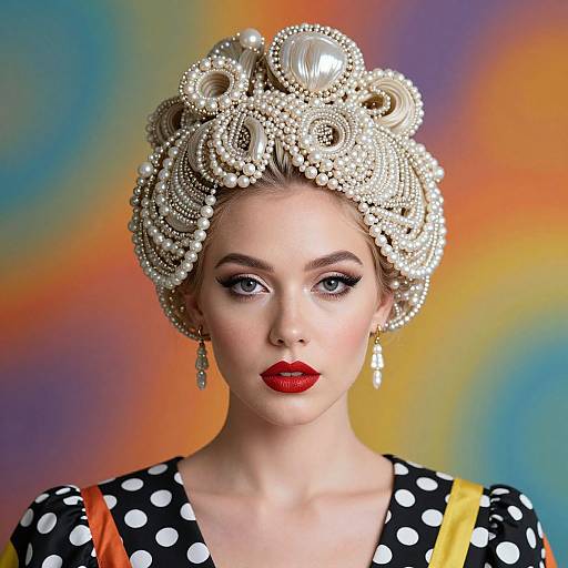 Photograph of a pale-skinned woman with red lipstick, intricate pearl headpiece, black polka dot dress, yellow strap, colorful gradient background.