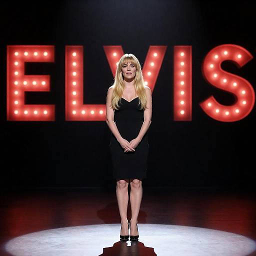 Spotlit Blonde Woman Before ELVIS Sign
