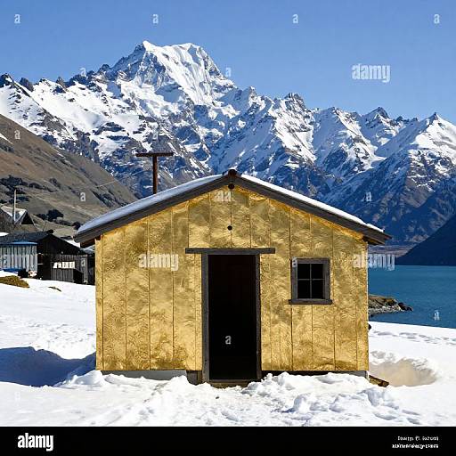 Photograph of a small, golden weathered wooden chapel with a black door and window, set against a snowy landscape with towering, snow-capped mountains