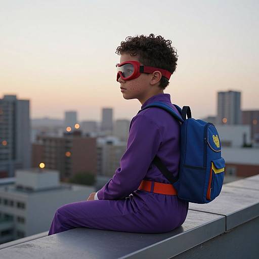 Boy in Superhero Costume on Rooftop