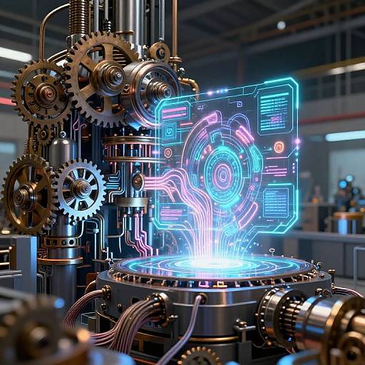 Digital illustration of a futuristic, glowing blue and neon circuit board with intricate metal gears and machinery in a dimly lit industrial setting.