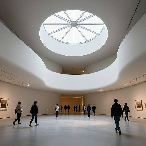 Photograph of a modern art gallery with a circular skylight, white walls, and a group of visitors walking and viewing paintings.
