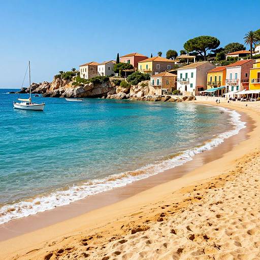 Vibrant photograph of a sunny Mediterranean beach with clear blue water, sandy shore, colorful houses on rocky cliffs, and a small white boat on the