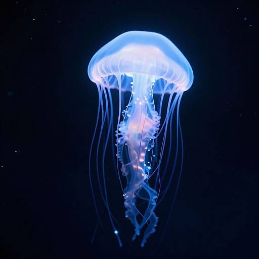 Photograph of a glowing, blue translucent jellyfish with long, flowing tentacles against a dark, star-speckled background.