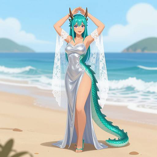 Digital anime-style drawing of a turquoise-haired, green-scaled dragon girl with horns, wearing a white, semi-transparent, high-slit dress on a
