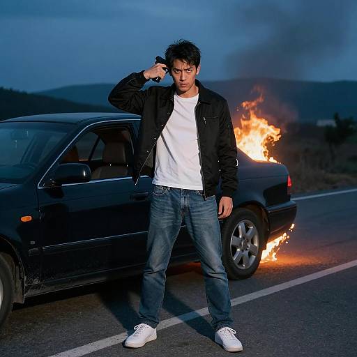 Man with Gun Standing by Burning Car at Night