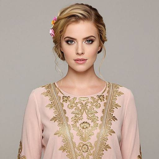 Blonde Woman in Pink Embroidered Dress