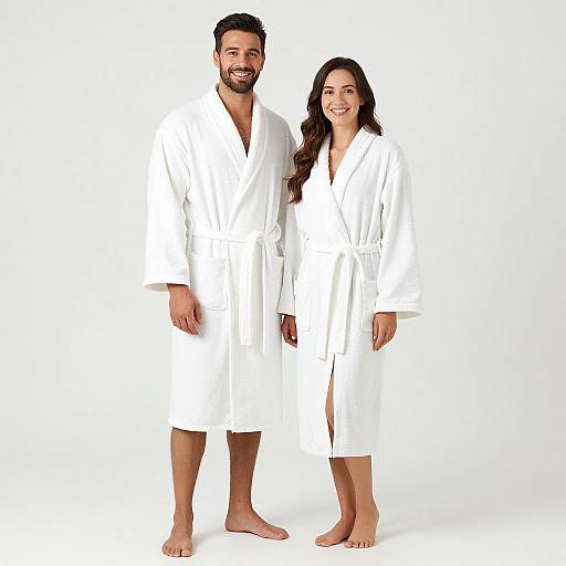Photograph of a smiling couple standing barefoot, wearing white bathrobes against a white background, both with relaxed, casual poses.
