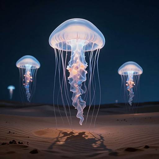Photograph of glowing jellyfish with translucent, blue-tinged domes and flowing tentacles, floating against a dark, sandy ocean floor backdrop.