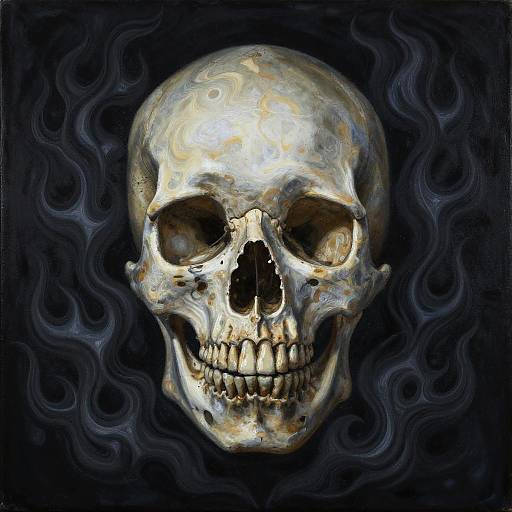 Photorealistic digital painting of a weathered skull with glowing highlights, set against a dark, swirling, smoky background.