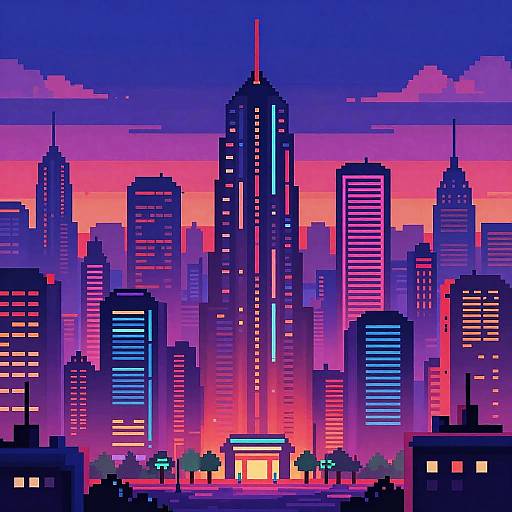 Pixel art of a vibrant neon city skyline at sunset, featuring tall skyscrapers with glowing pink, blue, and purple lights.