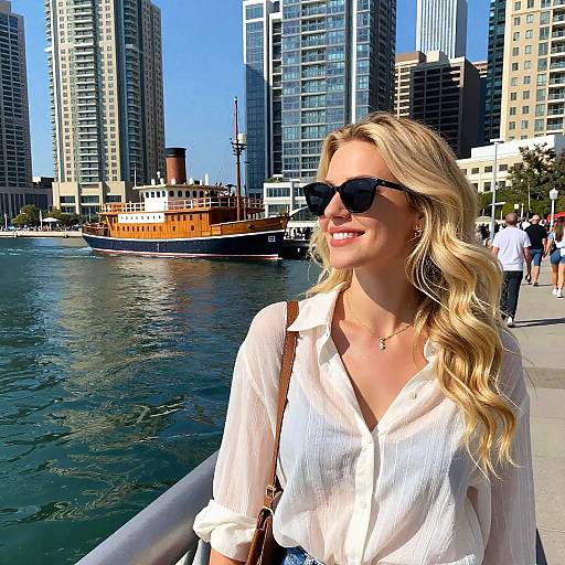 Blonde woman with wavy hair, wearing black sunglasses and white blouse, smiles by a sunny waterfront with a vintage ship and tall skyscrapers in