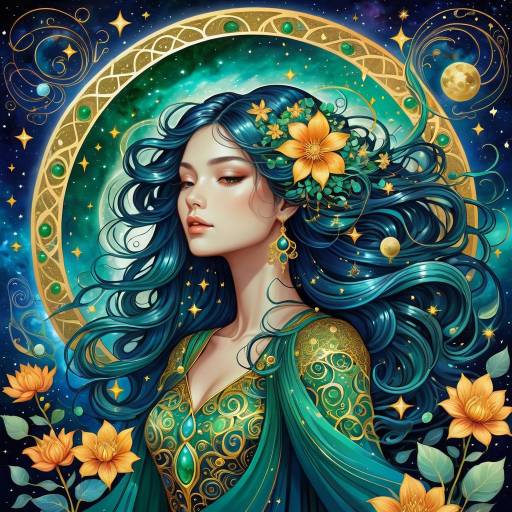 Fantasy Woman with Flowing Hair and Golden Flowers