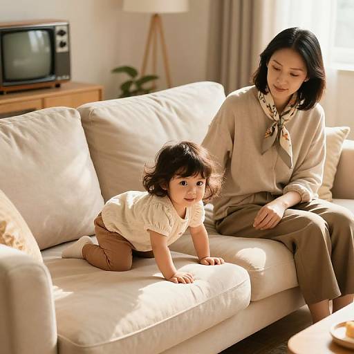 Photograph of an Asian woman with short black hair and a young toddler with curly hair, sitting on a beige couch, sunlight streaming in, vintage TV