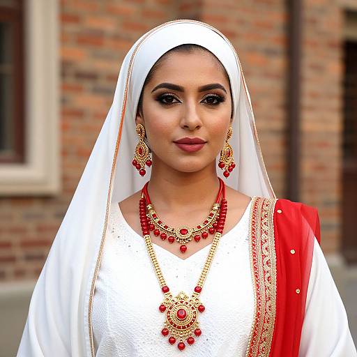 Photograph of a South Asian woman with medium skin tone, wearing a white traditional outfit, red sari, gold jewelry, and white veil, against