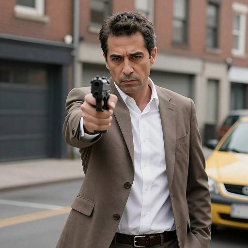 Middle-aged Man Aiming Gun on Street