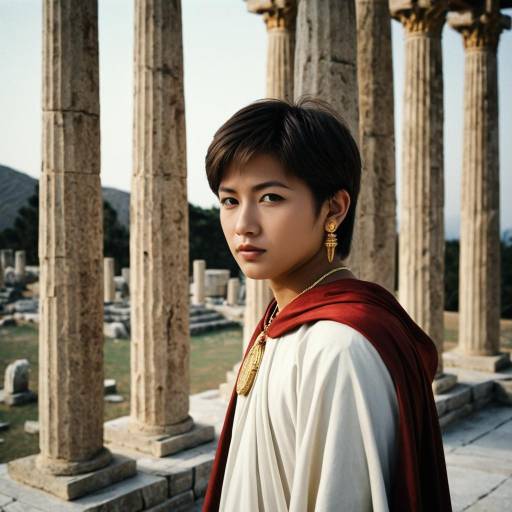 Young Man in Ancient Greek Attire by Temple Columns