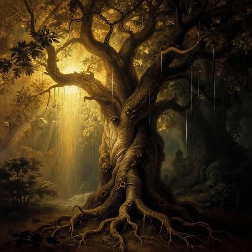 Mysterious, ancient tree with twisted roots, glowing golden light filtering through dense forest, raindrops visible, detailed, fantasy digital art.