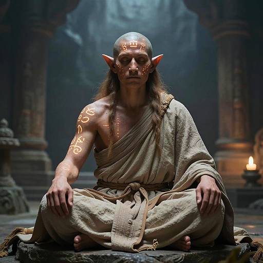 Photorealistic CGI of a wise, tattooed elf with pointed ears, sitting cross-legged in a dimly lit ancient stone temple.