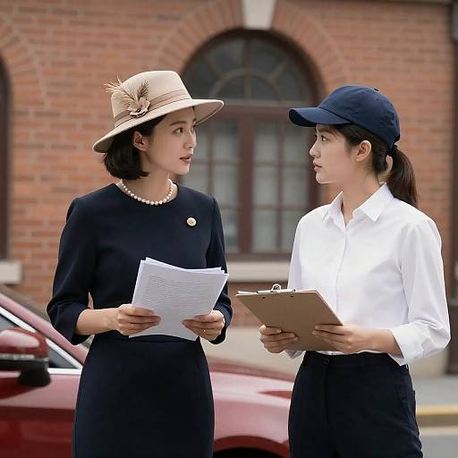 Two Women Consulting Outdoors Near Red Car