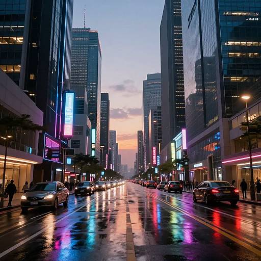 Photograph of a vibrant, rainy city street at dusk with neon lights reflecting on wet pavement, surrounded by tall skyscrapers.