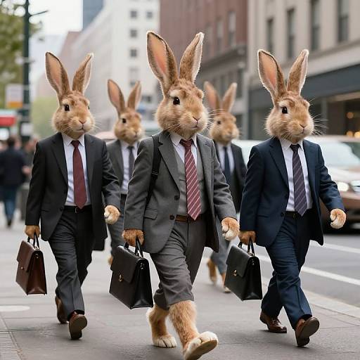 Photograph of six anthropomorphic rabbits in black suits, white shirts, red and gray ties, carrying briefcases, walking on city street.