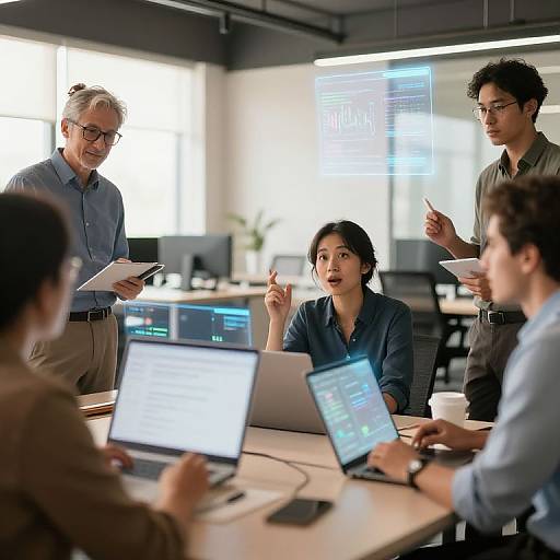 Photograph of diverse office team discussing, seated around a table with laptops, an older man lecturing, bright room, projector screen.