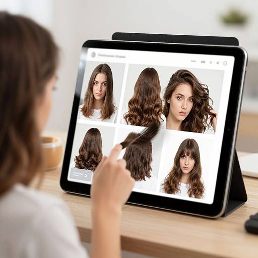 Photograph of a woman with dark hair using a black tablet showing six close-up portraits of women with various wavy brown hair styles on a white background