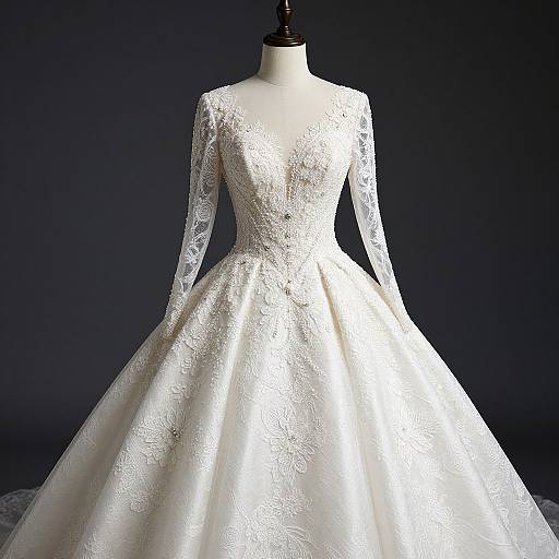 Photograph of an elegant white lace wedding gown with long sleeves, fitted bodice, and full skirt displayed on a black mannequin against a dark