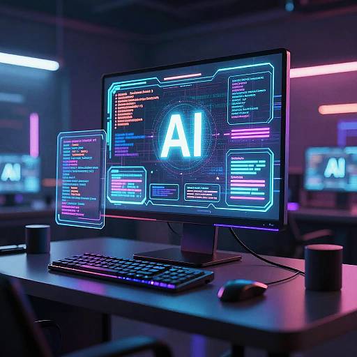 Photograph of a neon-lit computer workstation displaying a glowing 