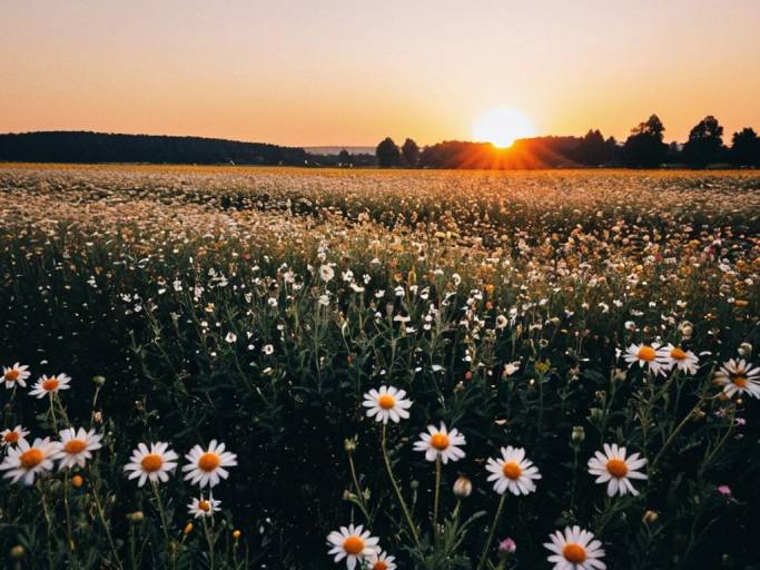 Serene Flower Field at Sunset